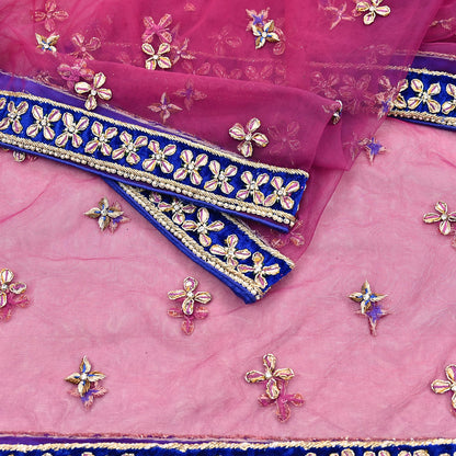 Indian Vintage Heavy Pink Dupatta Net Mesh Long Stole Hand Embroidered Scarf Golden Zardozi Zari Glass Beaded Stole
