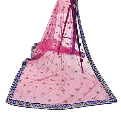 Indian Vintage Heavy Pink Dupatta Net Mesh Long Stole Hand Embroidered Scarf Golden Zardozi Zari Glass Beaded Stole