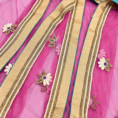 Indian Vintage Heavy Wedding Purple Dupatta Net Mesh Long Stole Hand Embroidered Scarves Golden Zardozi Dabka Zari Stole