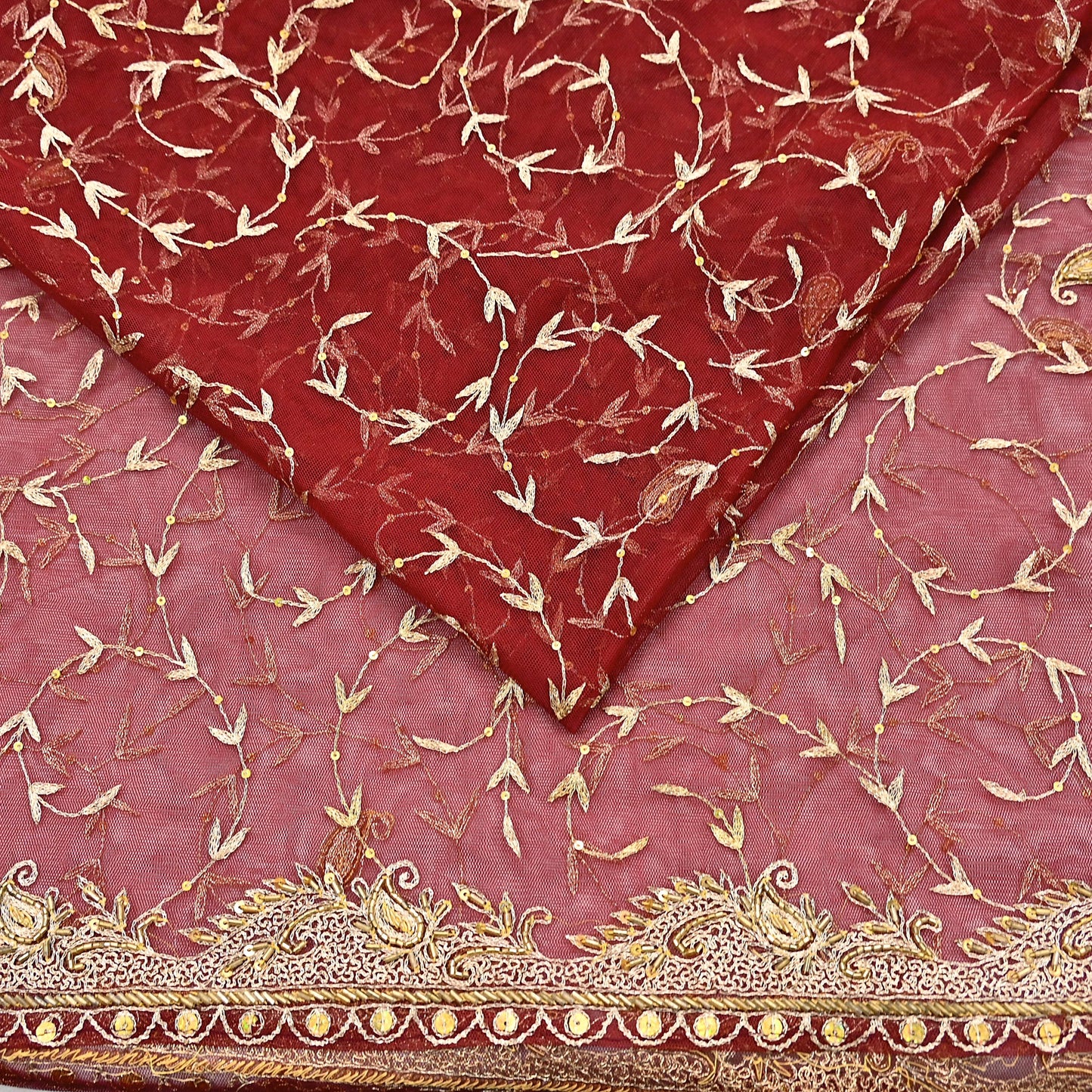Indian Vintage Heavy Wedding Maroon Dupatta Net Mesh Long Stole Hand Embroidered Scarves Golden Zardozi Zari Sequins Dridal Veil Hijab