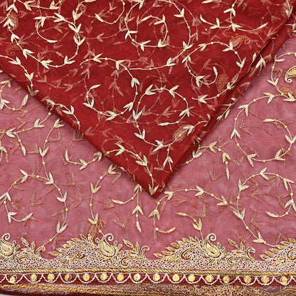 Indian Vintage Heavy Wedding Maroon Dupatta Net Mesh Long Stole Hand Embroidered Scarves Golden Zardozi Zari Sequins Dridal Veil Hijab