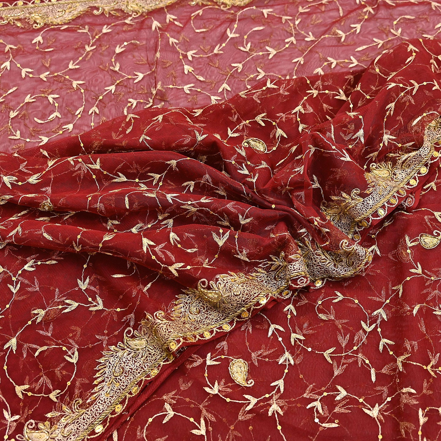 Indian Vintage Heavy Wedding Maroon Dupatta Net Mesh Long Stole Hand Embroidered Scarves Golden Zardozi Zari Sequins Dridal Veil Hijab