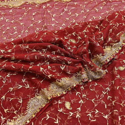 Indian Vintage Heavy Wedding Maroon Dupatta Net Mesh Long Stole Hand Embroidered Scarves Golden Zardozi Zari Sequins Dridal Veil Hijab
