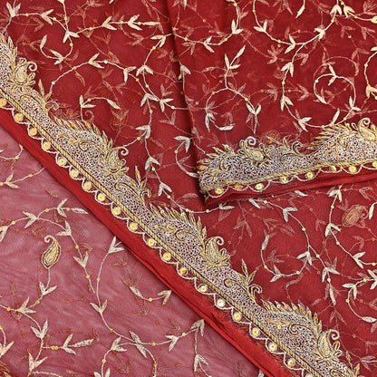 Indian Vintage Heavy Wedding Maroon Dupatta Net Mesh Long Stole Hand Embroidered Scarves Golden Zardozi Zari Sequins Dridal Veil Hijab