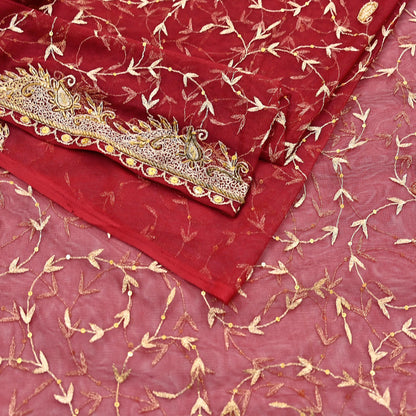 Indian Vintage Heavy Wedding Maroon Dupatta Net Mesh Long Stole Hand Embroidered Scarves Golden Zardozi Zari Sequins Dridal Veil Hijab
