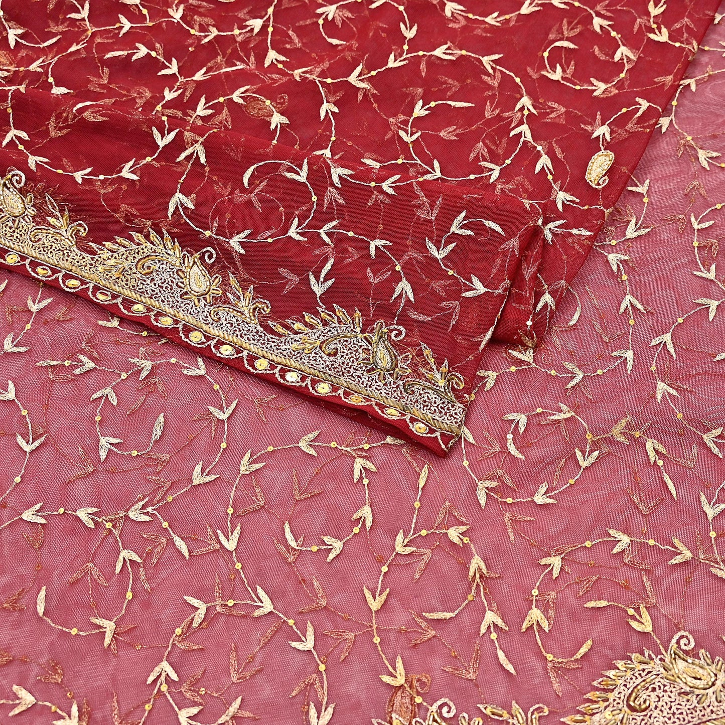Indian Vintage Heavy Wedding Maroon Dupatta Net Mesh Long Stole Hand Embroidered Scarves Golden Zardozi Zari Sequins Dridal Veil Hijab
