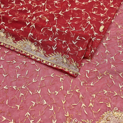 Indian Vintage Heavy Wedding Maroon Dupatta Net Mesh Long Stole Hand Embroidered Scarves Golden Zardozi Zari Sequins Dridal Veil Hijab