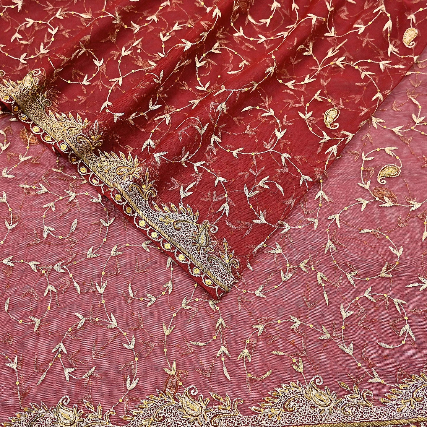 Indian Vintage Heavy Wedding Maroon Dupatta Net Mesh Long Stole Hand Embroidered Scarves Golden Zardozi Zari Sequins Dridal Veil Hijab