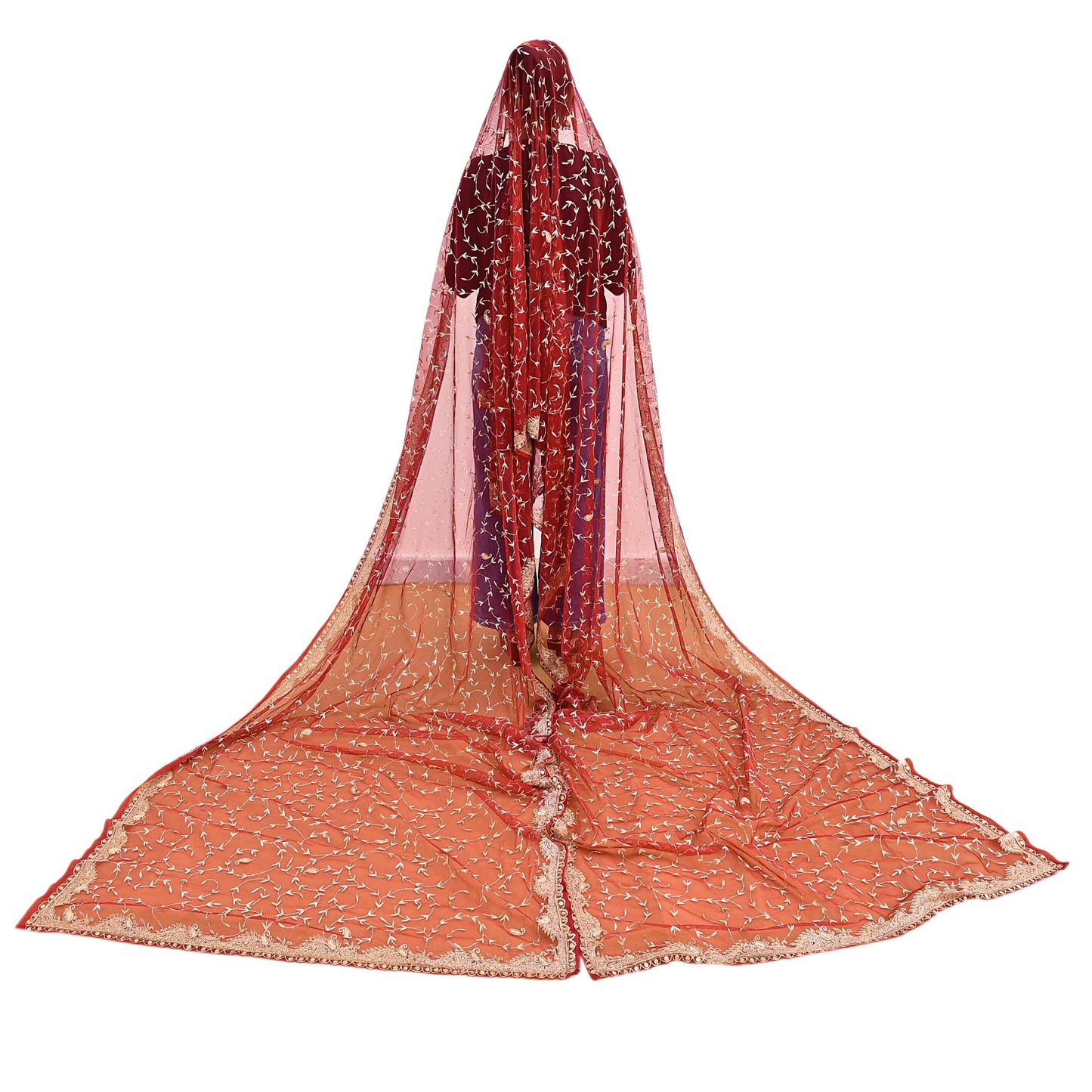 Indian Vintage Heavy Wedding Maroon Dupatta Net Mesh Long Stole Hand Embroidered Scarves Golden Zardozi Zari Sequins Dridal Veil Hijab