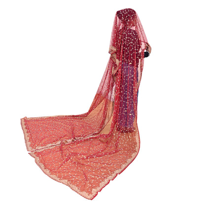 Indian Vintage Heavy Wedding Maroon Dupatta Net Mesh Long Stole Hand Embroidered Scarves Golden Zardozi Zari Sequins Dridal Veil Hijab