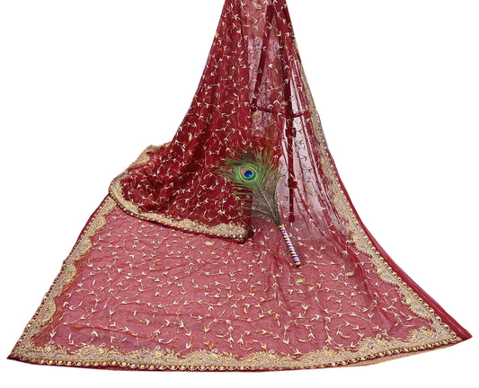 Indian Vintage Heavy Wedding Maroon Dupatta Net Mesh Long Stole Hand Embroidered Scarves Golden Zardozi Zari Sequins Dridal Veil Hijab