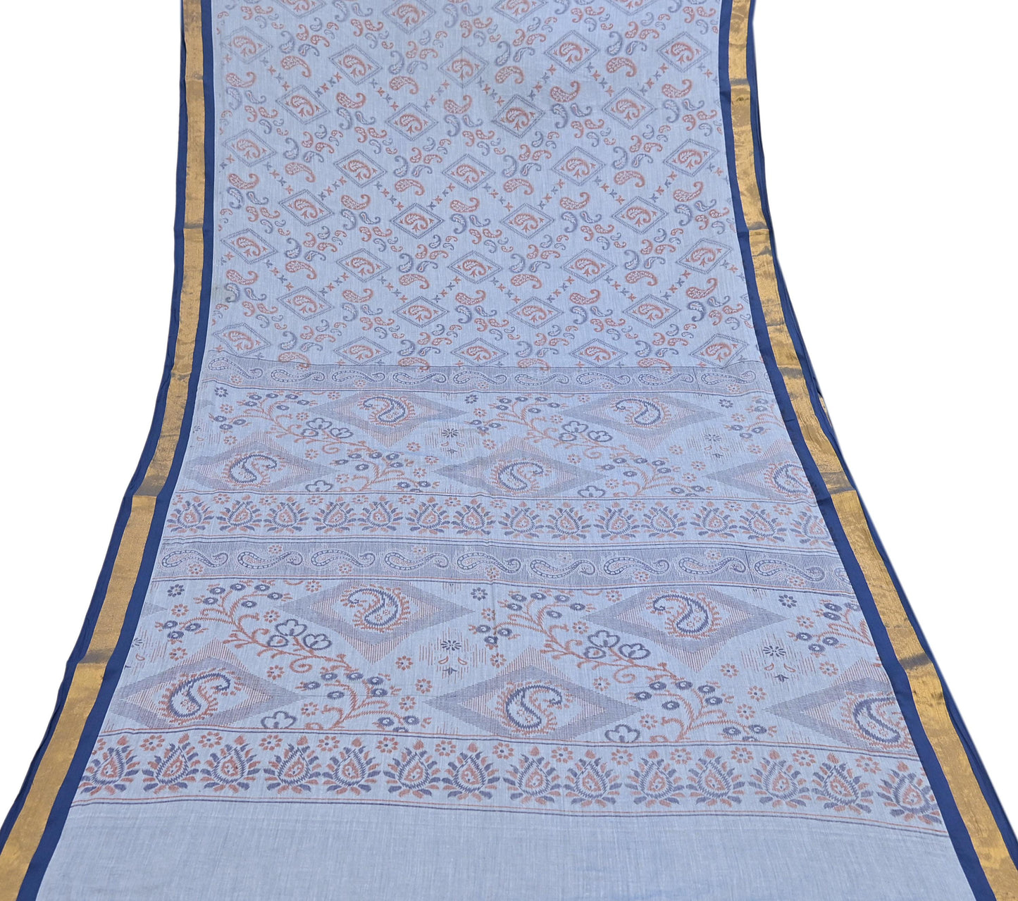 Indian Vintage Sari Blue Printed Pure Cotton Sarees Craft Fabric 5Yd Soft Sewing Sarong Wrap Boho Floral Quilting Dress making Zari border