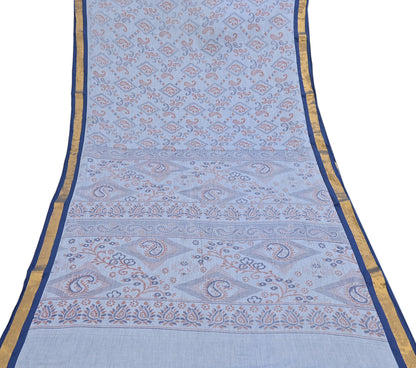 Indian Vintage Sari Blue Printed Pure Cotton Sarees Craft Fabric 5Yd Soft Sewing Sarong Wrap Boho Floral Quilting Dress making Zari border