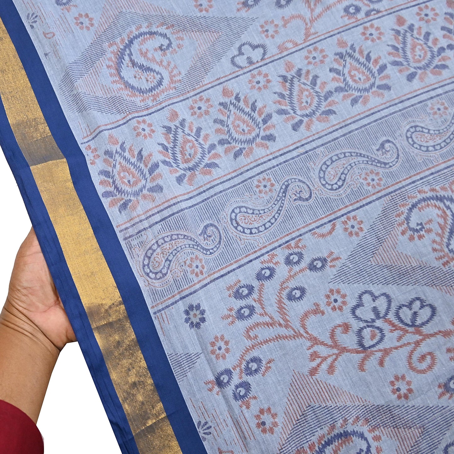 Indian Vintage Sari Blue Printed Pure Cotton Sarees Craft Fabric 5Yd Soft Sewing Sarong Wrap Boho Floral Quilting Dress making Zari border