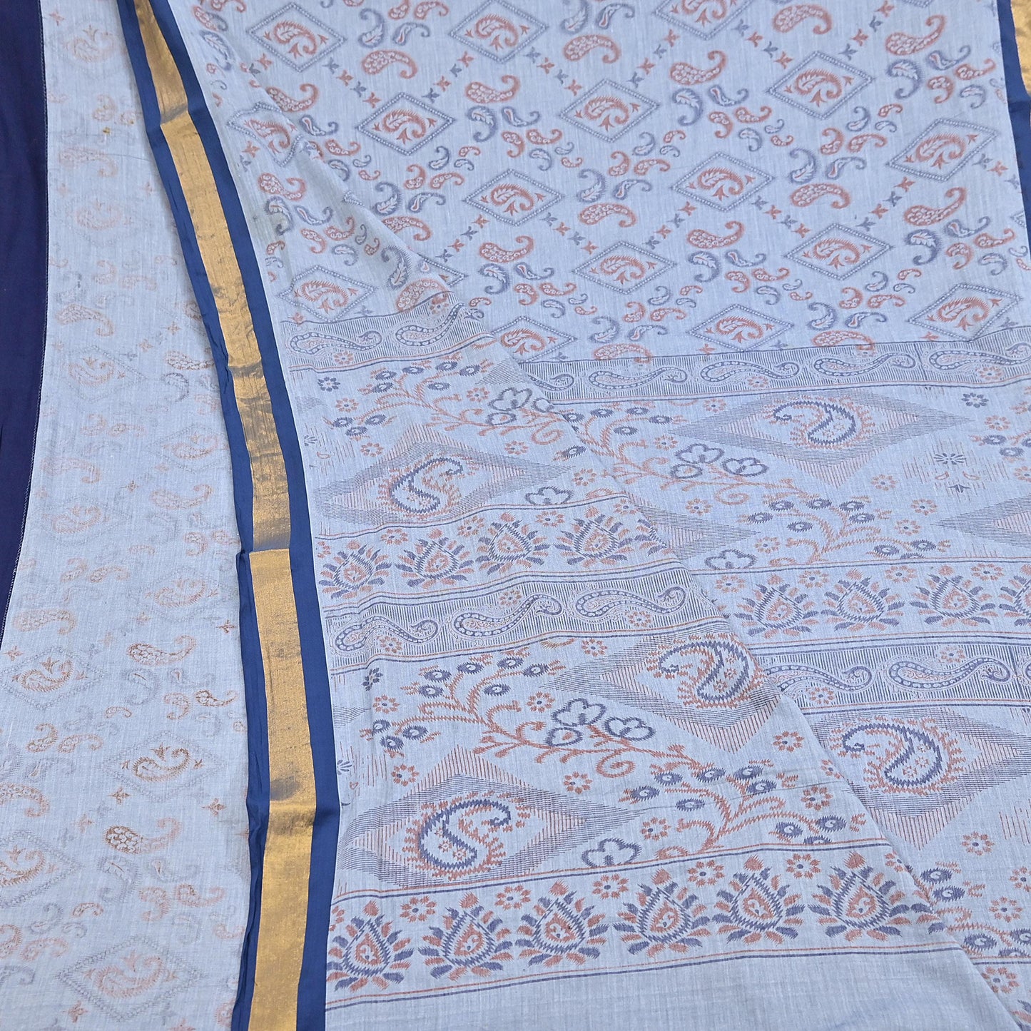Indian Vintage Sari Blue Printed Pure Cotton Sarees Craft Fabric 5Yd Soft Sewing Sarong Wrap Boho Floral Quilting Dress making Zari border
