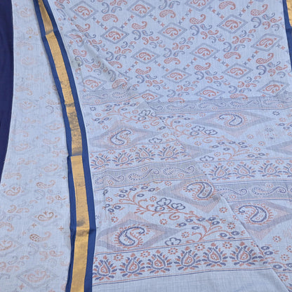 Indian Vintage Sari Blue Printed Pure Cotton Sarees Craft Fabric 5Yd Soft Sewing Sarong Wrap Boho Floral Quilting Dress making Zari border