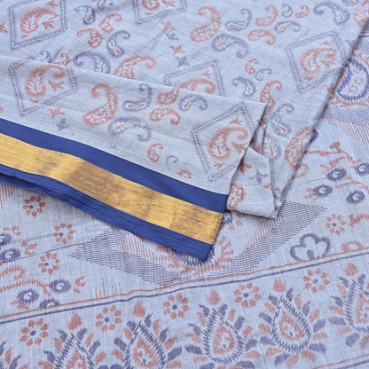 Indian Vintage Sari Blue Printed Pure Cotton Sarees Craft Fabric 5Yd Soft Sewing Sarong Wrap Boho Floral Quilting Dress making Zari border