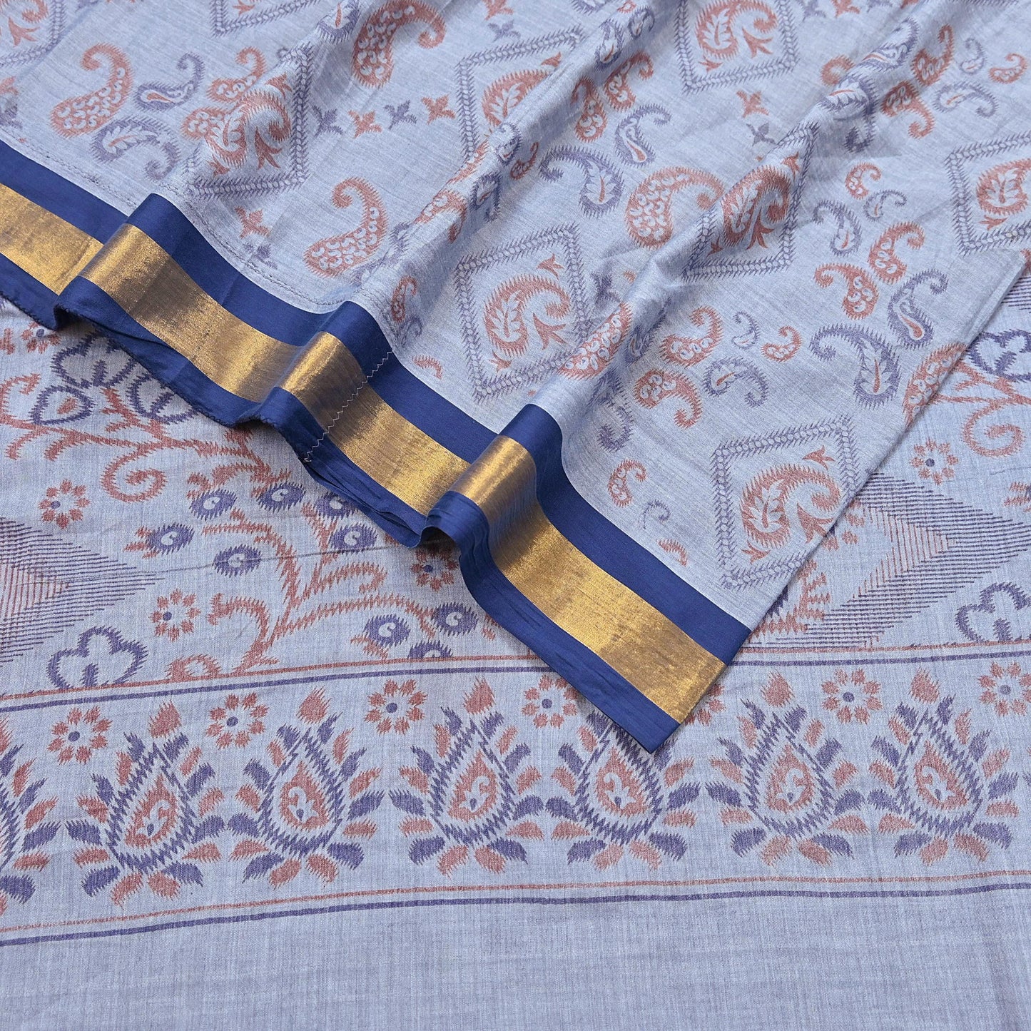 Indian Vintage Sari Blue Printed Pure Cotton Sarees Craft Fabric 5Yd Soft Sewing Sarong Wrap Boho Floral Quilting Dress making Zari border