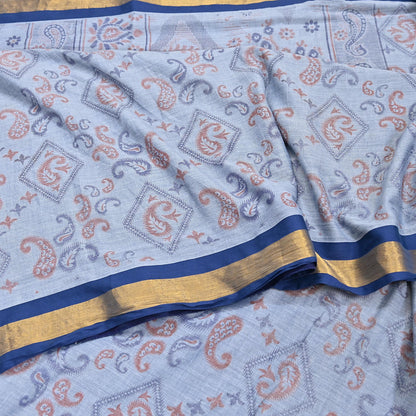 Indian Vintage Sari Blue Printed Pure Cotton Sarees Craft Fabric 5Yd Soft Sewing Sarong Wrap Boho Floral Quilting Dress making Zari border