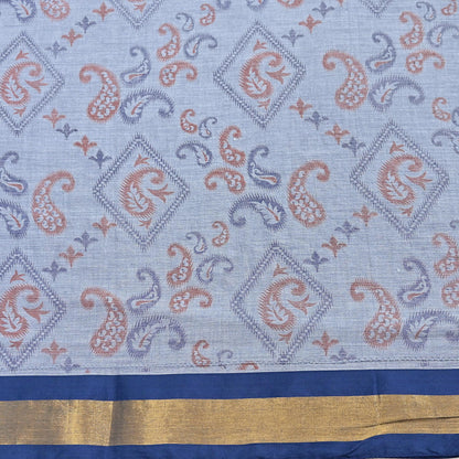 Indian Vintage Sari Blue Printed Pure Cotton Sarees Craft Fabric 5Yd Soft Sewing Sarong Wrap Boho Floral Quilting Dress making Zari border