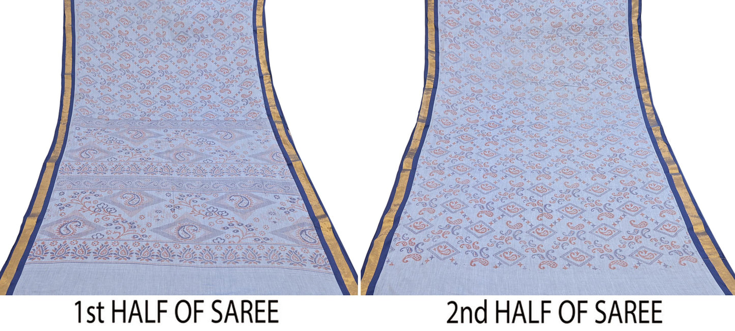 Indian Vintage Sari Blue Printed Pure Cotton Sarees Craft Fabric 5Yd Soft Sewing Sarong Wrap Boho Floral Quilting Dress making Zari border