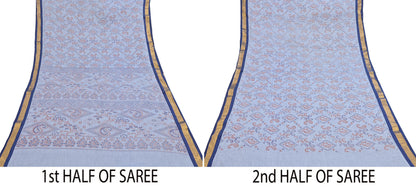 Indian Vintage Sari Blue Printed Pure Cotton Sarees Craft Fabric 5Yd Soft Sewing Sarong Wrap Boho Floral Quilting Dress making Zari border
