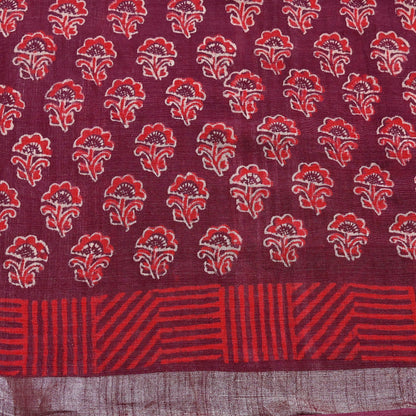Indian Vintage Sari Maroon Printed Pure Cotton Sarees Craft Fabric 5Yd Soft Sewing Sarong Wrap Boho Floral Quilting Dress making fringes