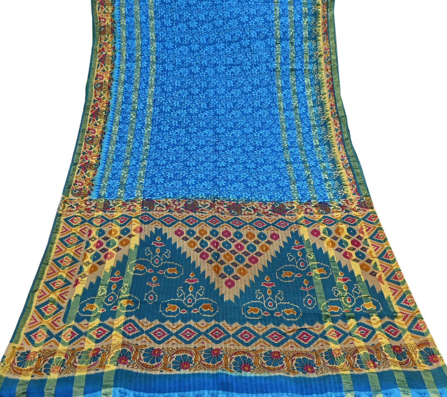 Indian Vintage Sari Blue Printed Pure Cotton Sarees Craft Fabric 5Yd Soft Sewing Sarong Wrap Boho Floral Quilting Dress making
