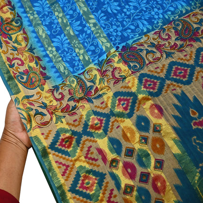 Indian Vintage Sari Blue Printed Pure Cotton Sarees Craft Fabric 5Yd Soft Sewing Sarong Wrap Boho Floral Quilting Dress making