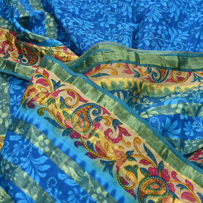 Indian Vintage Sari Blue Printed Pure Cotton Sarees Craft Fabric 5Yd Soft Sewing Sarong Wrap Boho Floral Quilting Dress making