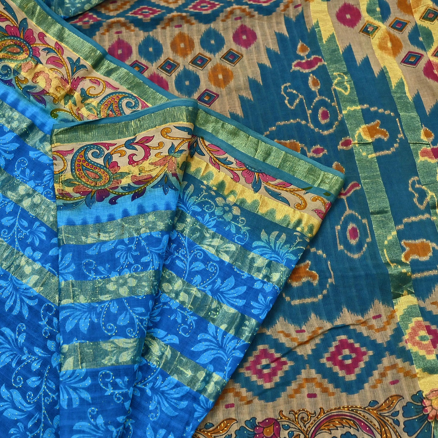 Indian Vintage Sari Blue Printed Pure Cotton Sarees Craft Fabric 5Yd Soft Sewing Sarong Wrap Boho Floral Quilting Dress making