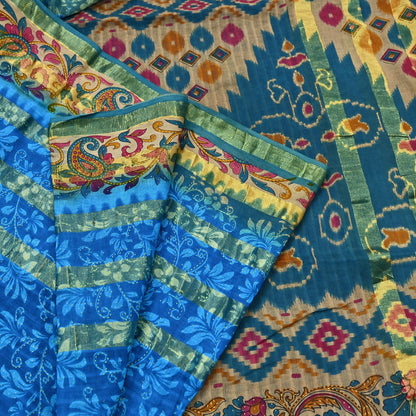 Indian Vintage Sari Blue Printed Pure Cotton Sarees Craft Fabric 5Yd Soft Sewing Sarong Wrap Boho Floral Quilting Dress making
