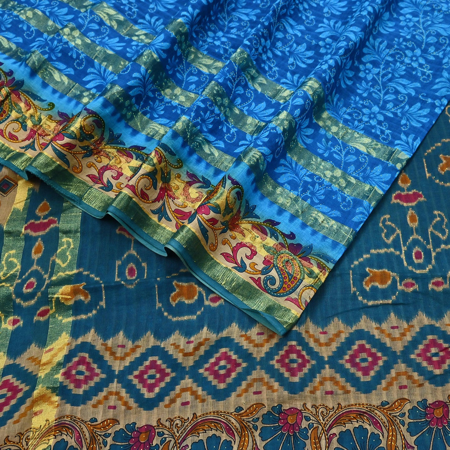 Indian Vintage Sari Blue Printed Pure Cotton Sarees Craft Fabric 5Yd Soft Sewing Sarong Wrap Boho Floral Quilting Dress making