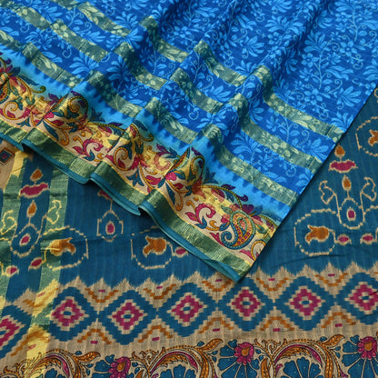 Indian Vintage Sari Blue Printed Pure Cotton Sarees Craft Fabric 5Yd Soft Sewing Sarong Wrap Boho Floral Quilting Dress making