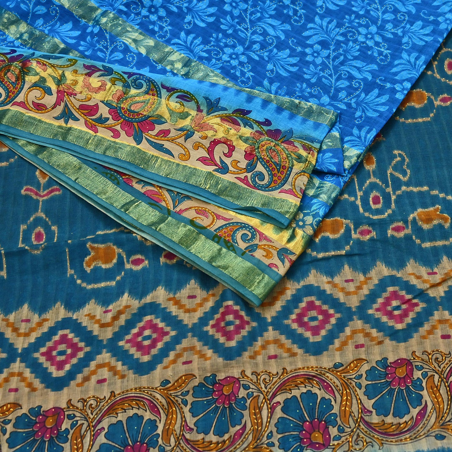 Indian Vintage Sari Blue Printed Pure Cotton Sarees Craft Fabric 5Yd Soft Sewing Sarong Wrap Boho Floral Quilting Dress making