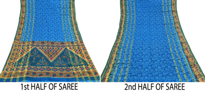 Indian Vintage Sari Blue Printed Pure Cotton Sarees Craft Fabric 5Yd Soft Sewing Sarong Wrap Boho Floral Quilting Dress making