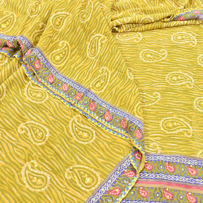 Indian Vintage Sari Yellow Hand Embroidered Printed 100% Pure Georgette Silk Saree Craft Fabric 6Yd Ethnic Soft Dress making For Crafting
