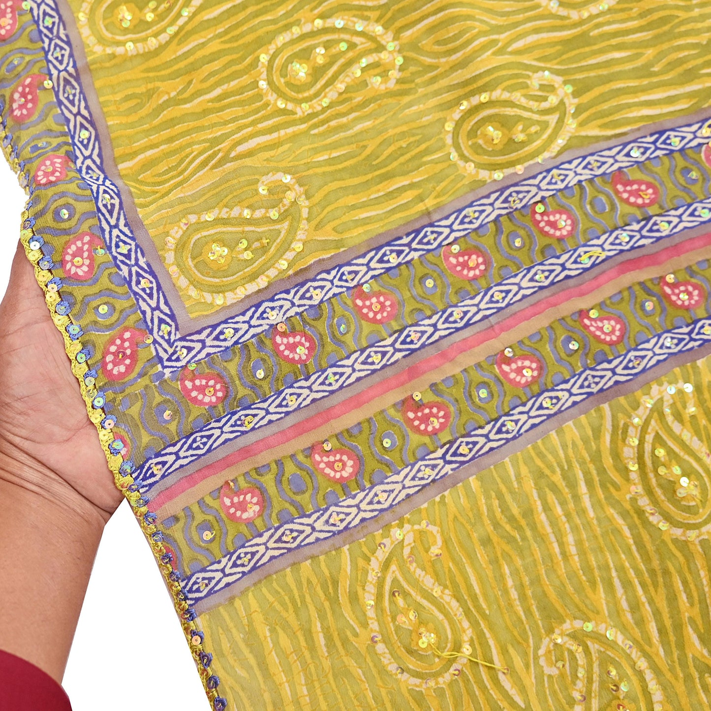 Indian Vintage Sari Yellow Hand Embroidered Printed 100% Pure Georgette Silk Saree Craft Fabric 6Yd Ethnic Soft Dress making For Crafting
