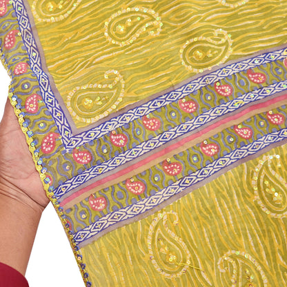 Indian Vintage Sari Yellow Hand Embroidered Printed 100% Pure Georgette Silk Saree Craft Fabric 6Yd Ethnic Soft Dress making For Crafting