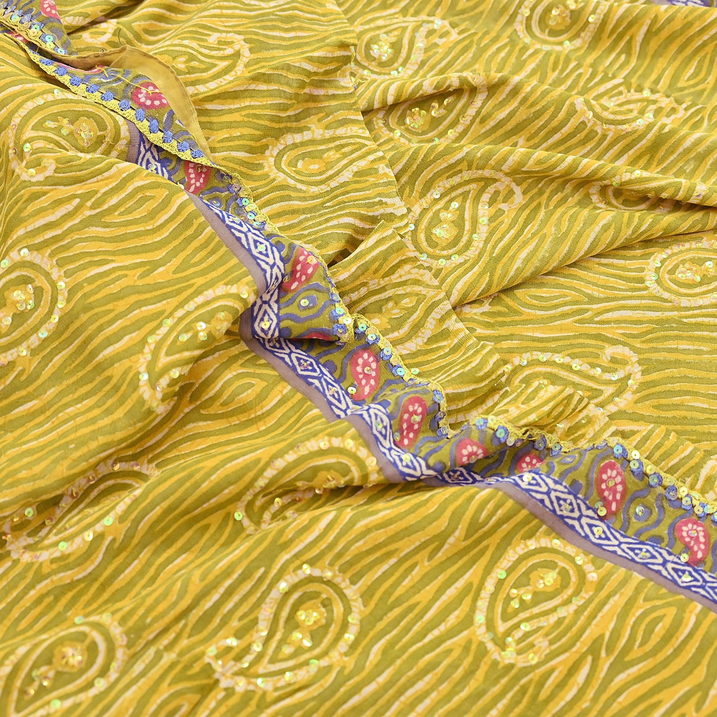 Indian Vintage Sari Yellow Hand Embroidered Printed 100% Pure Georgette Silk Saree Craft Fabric 6Yd Ethnic Soft Dress making For Crafting