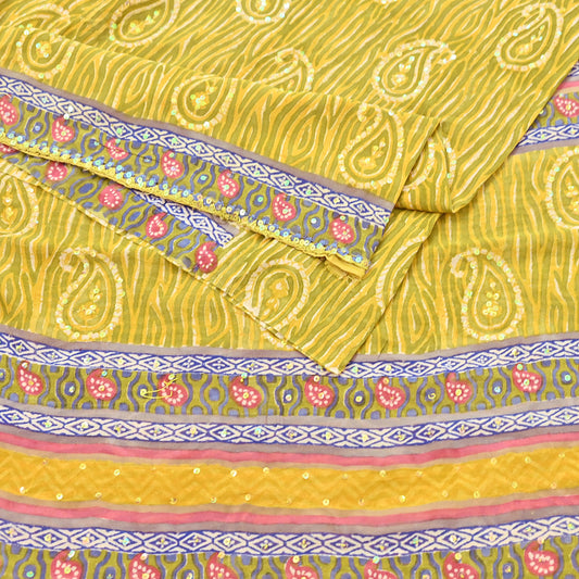 Indian Vintage Sari Yellow Hand Embroidered Printed 100% Pure Georgette Silk Saree Craft Fabric 6Yd Ethnic Soft Dress making For Crafting