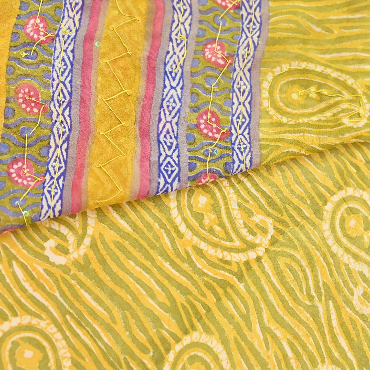 Indian Vintage Sari Yellow Hand Embroidered Printed 100% Pure Georgette Silk Saree Craft Fabric 6Yd Ethnic Soft Dress making For Crafting