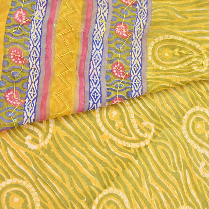 Indian Vintage Sari Yellow Hand Embroidered Printed 100% Pure Georgette Silk Saree Craft Fabric 6Yd Ethnic Soft Dress making For Crafting