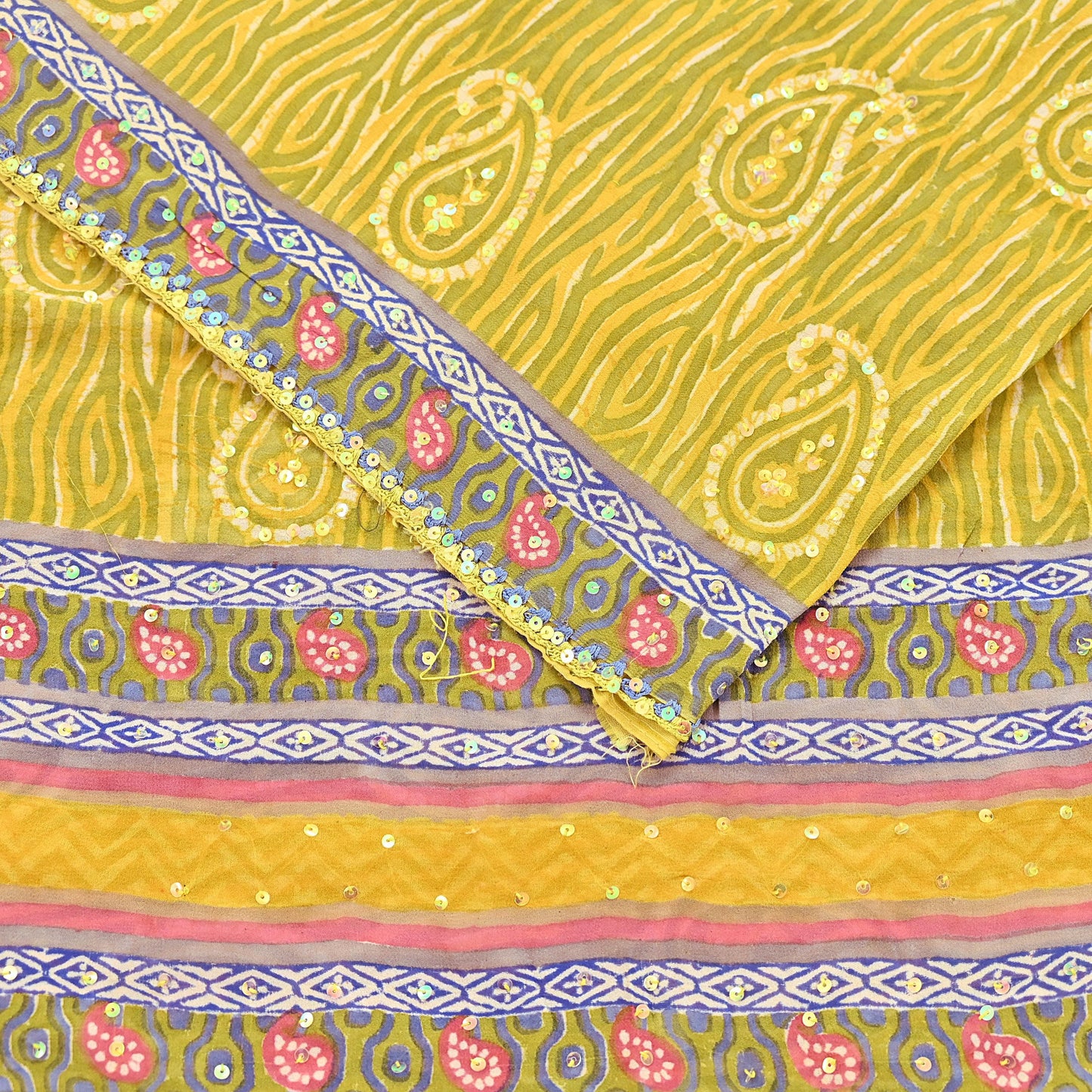 Indian Vintage Sari Yellow Hand Embroidered Printed 100% Pure Georgette Silk Saree Craft Fabric 6Yd Ethnic Soft Dress making For Crafting