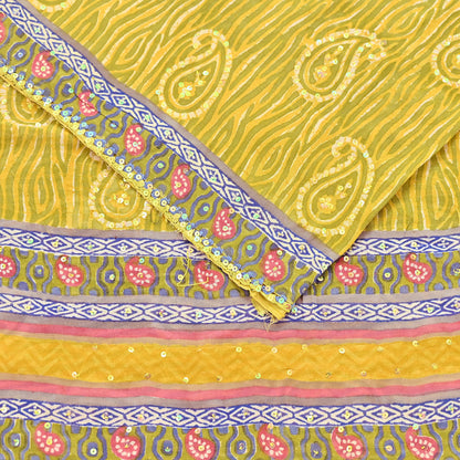 Indian Vintage Sari Yellow Hand Embroidered Printed 100% Pure Georgette Silk Saree Craft Fabric 6Yd Ethnic Soft Dress making For Crafting