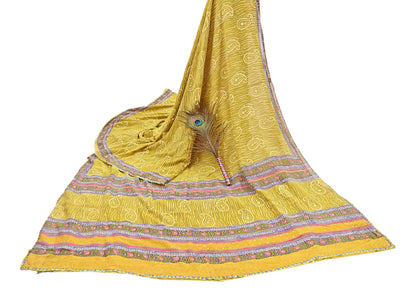 Indian Vintage Sari Yellow Hand Embroidered Printed 100% Pure Georgette Silk Saree Craft Fabric 6Yd Ethnic Soft Dress making For Crafting