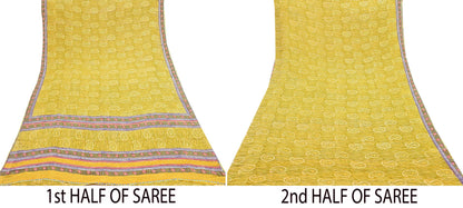 Indian Vintage Sari Yellow Hand Embroidered Printed 100% Pure Georgette Silk Saree Craft Fabric 6Yd Ethnic Soft Dress making For Crafting