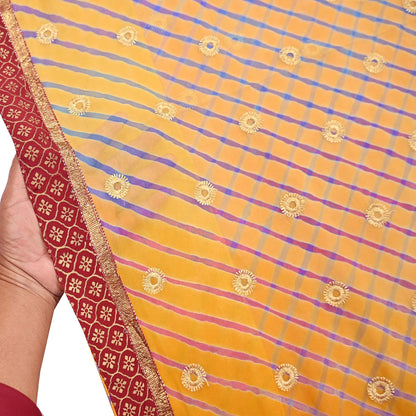 Indian Vintage Orange & Saffron Sarees Pure Georgette Silk Hand Embroidered Leheria Sari Craft Fabric 5Yd Sewing Soft Dress Making Sequins