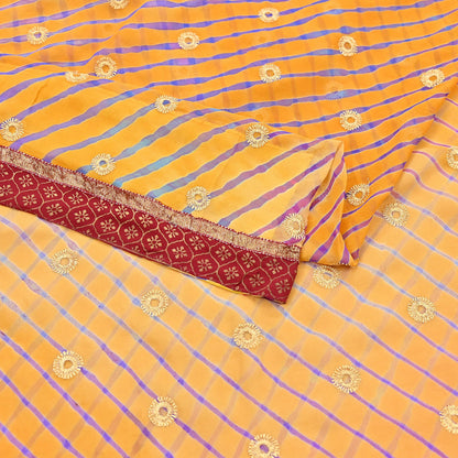 Indian Vintage Orange & Saffron Sarees Pure Georgette Silk Hand Embroidered Leheria Sari Craft Fabric 5Yd Sewing Soft Dress Making Sequins