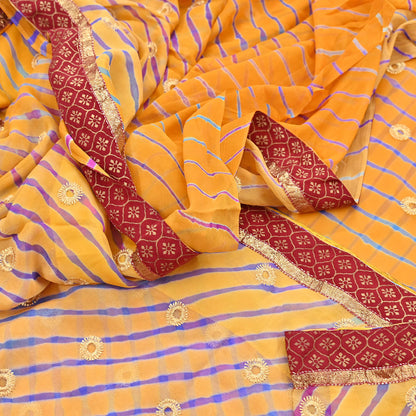 Indian Vintage Orange & Saffron Sarees Pure Georgette Silk Hand Embroidered Leheria Sari Craft Fabric 5Yd Sewing Soft Dress Making Sequins